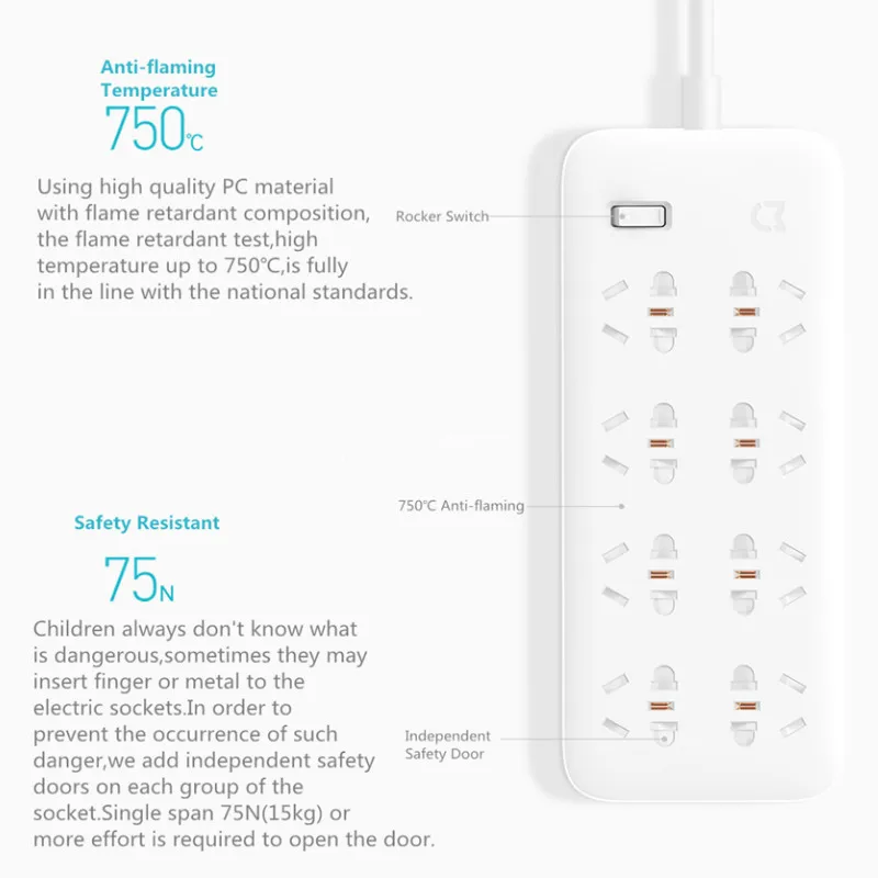 Xiaomi Mijia power Strip Быстрая зарядка 2500 Вт 10А 6 стандартных розеток/8 стандартных розеток/3 гнезда 1,8 м кабель для зарядки