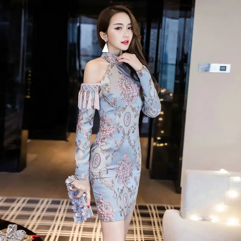 Элегантное женское платье с открытыми плечами китайское qipao мини облегающее
