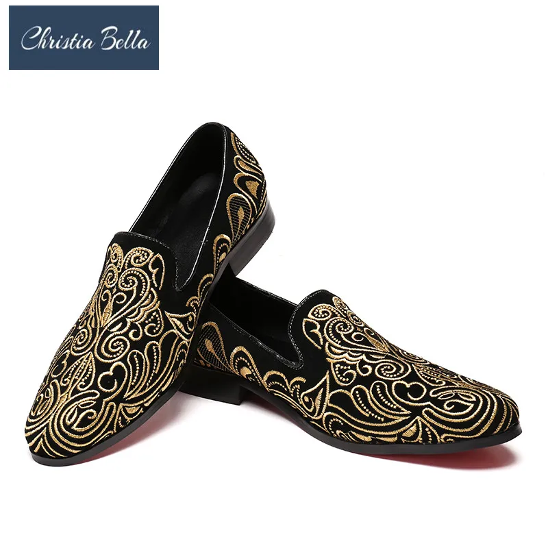 

Christia Bella Summer Fashion Men Loafers Gold Embroidery Handmade Men Velvet Shoes Party and Wedding Men's Flats Slippers