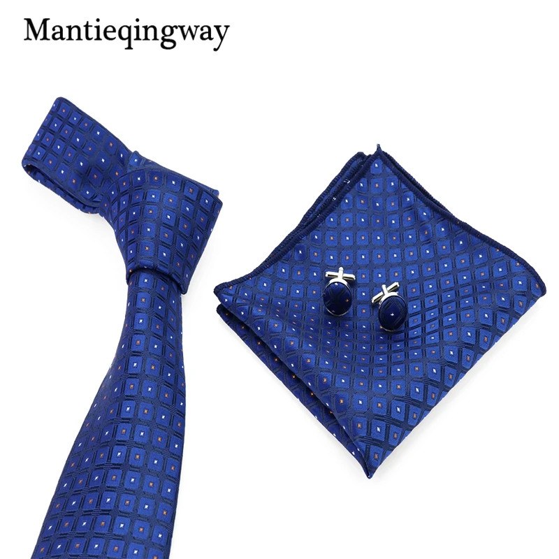 Mantieqingway синий жаккардовый повседневный комплект в клетку и горошек Крават для бизнеса 8,5 см широкий галстук носовой запонки набор для мужчин
