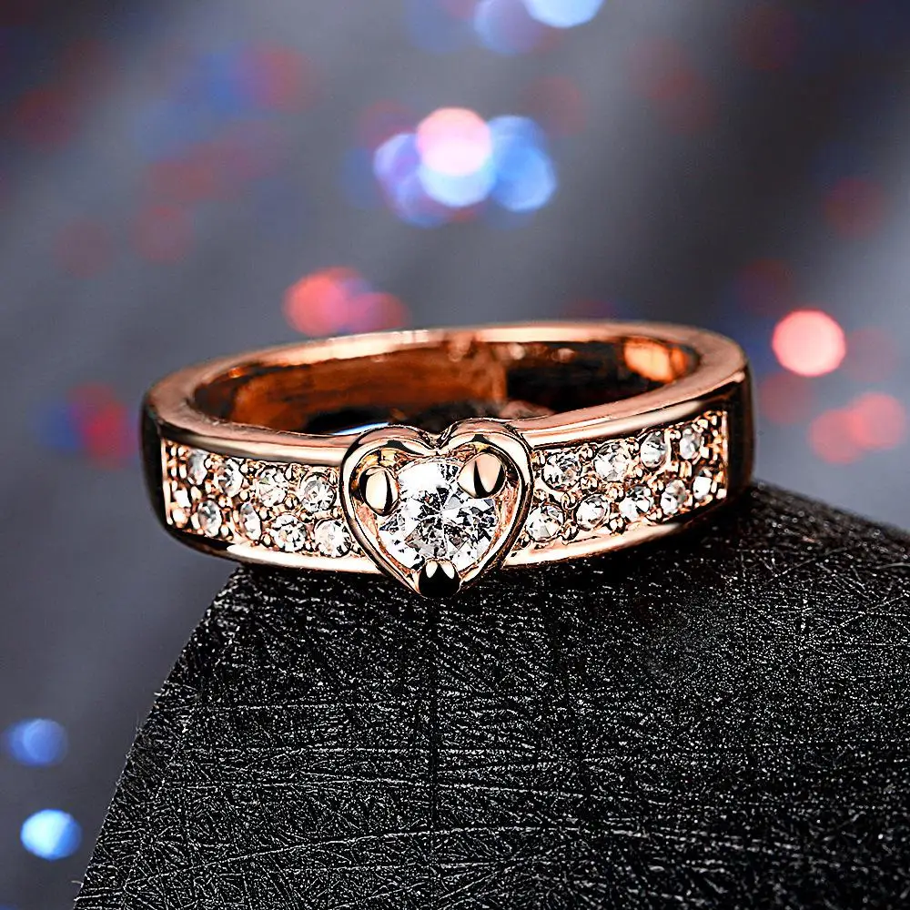 Birthday Valentine's Day Gift Metal Jewelry Finger Rings Romantic Women Crystal Heart Ring Rose Gold Color | Украшения и