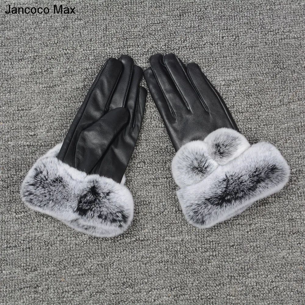 Jancoco Max Прихватки для мангала для женщин сенсорный экран Зимние теплые из натуральной овечьей кожи Rex помпоны из кроличьего меха S2035