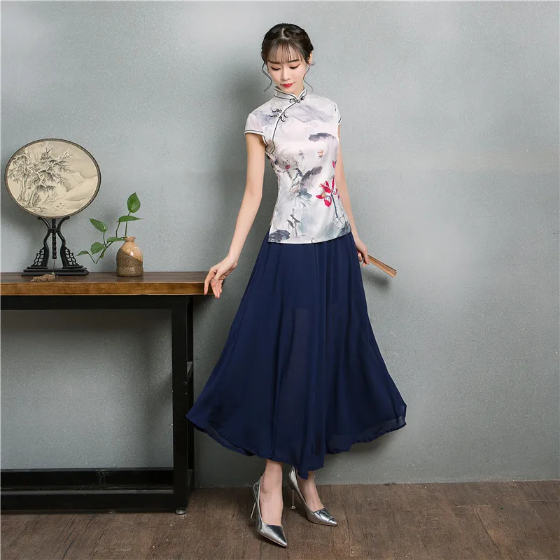 Женский Шелковый винтажный китайский топ, Vetement Cheongsam, костюм, художественный стиль, принт с чернилами, древняя кофточка Ципао, юбка, народная одежда