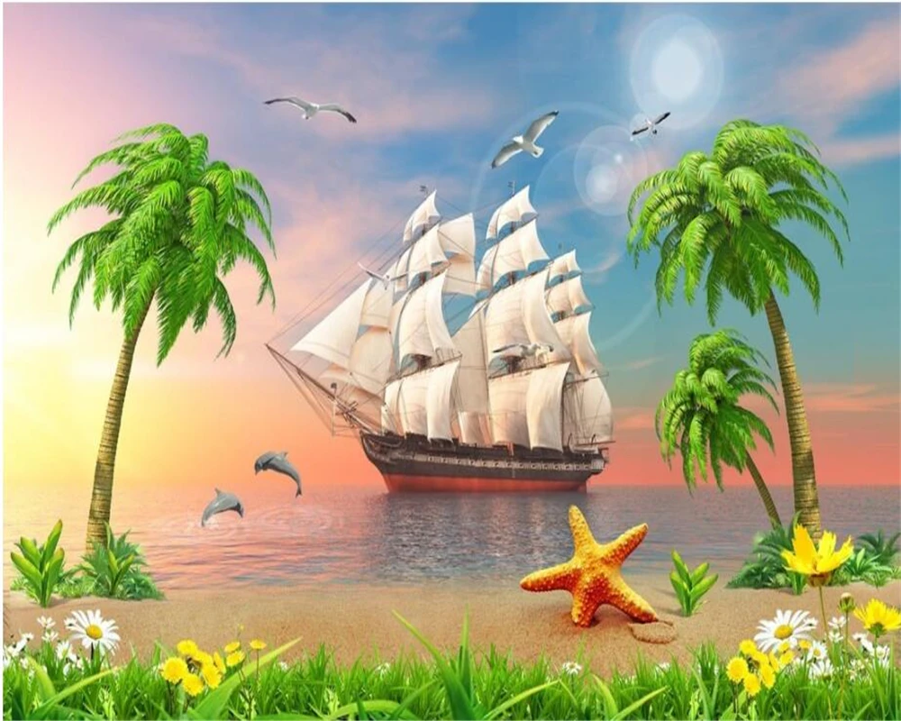 beibehang Custom High Quality Photo Mural Wallpaper Sunset Seascape Coconut Tree papel de parede 3d wallpaper tapety | Обустройство