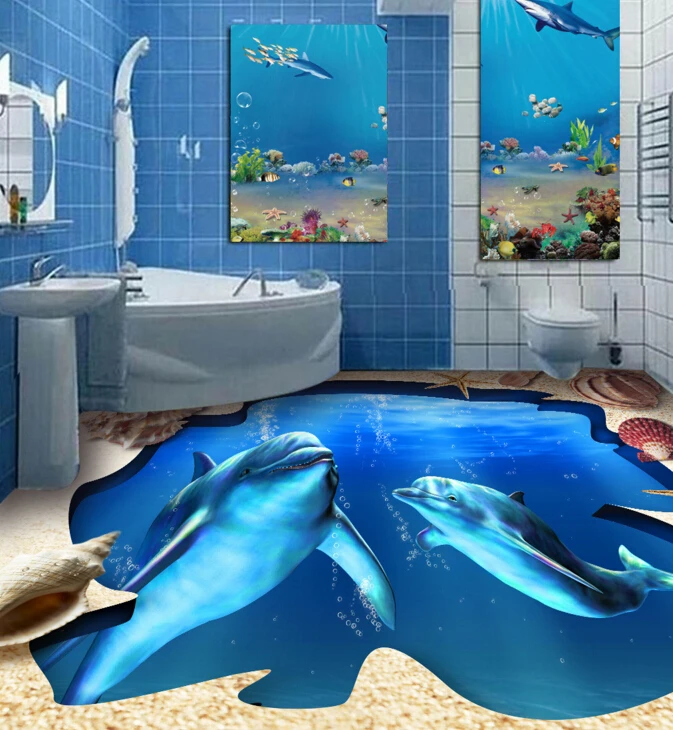 

[Self-Adhesive] 3D Two Dolphins Sea 6 Non-slip Waterproof Photo Self-Adhesive Floor Mural Sticker WallPaper Murals Print Decal