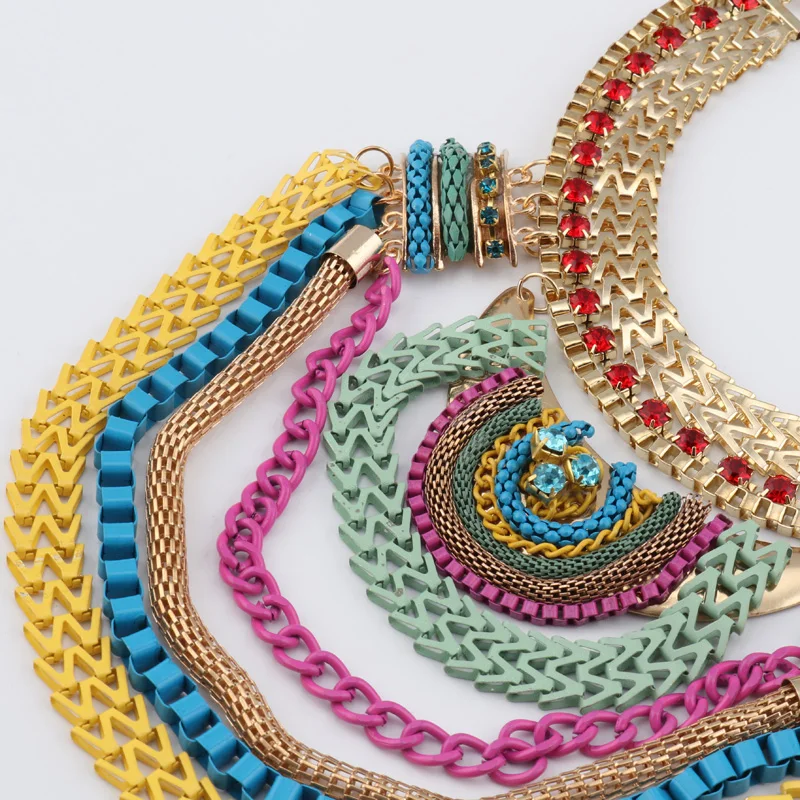 Seblasy Ethnic Bohemian Maxi Tibet Multi Layer Metal Chain Exaggeration Statement Geometric Crystal Choker Necklaces for Women |