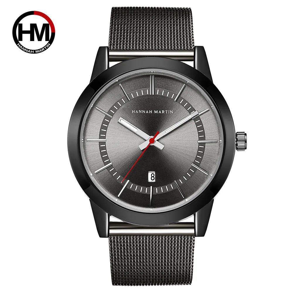 

HANNAH MARTIN Brand Luxury Men Watches Steel Mesh Wateproof Quartz Wristwatch for Men Calendar Relogio Masculino Clock Gift Box