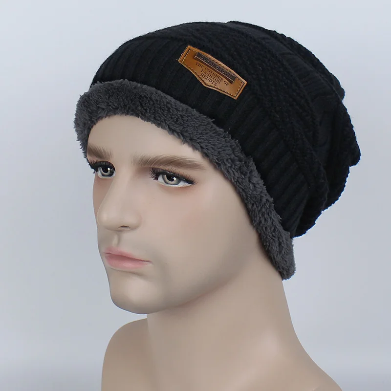 Hat Black Зимние шапочки Для женщин Для мужчин модные однотонные внутри толстый теплый трикотаж зимняя шапка Кепки шарф наборы Skullies капот шарф комплекты - Цвет: Hat Black