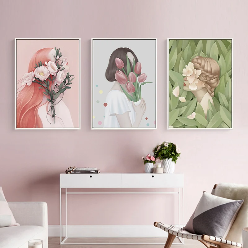 Nordic Hand painted beautiful girl Canvas Painting Prints Posters figures flowers Pictures for Living Room Morden home Decor Дом и сад