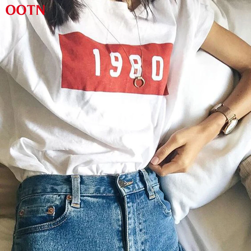 OOTN Хлопка Трикотажные Футболки Женщины 1980 Тис Мода Твердые дамы Белый