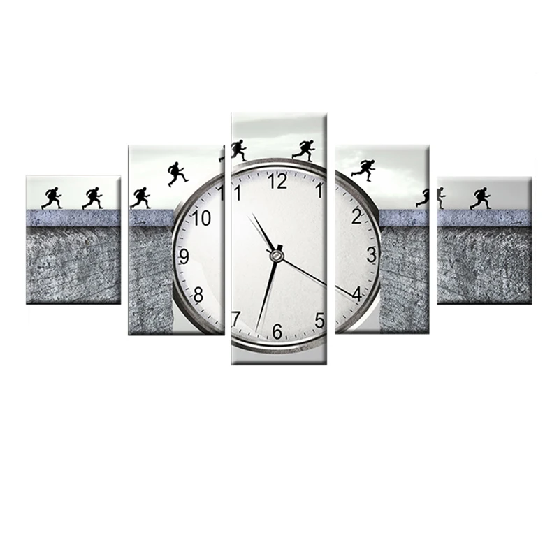 

5 panel classic clock ink painting landscape poster wall painting art living room home decoration canvas HD printing