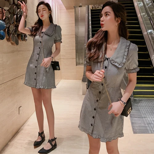 2019 New Summer Korean Brief Plaid Dress Chic Peter Pan Collar Casual Fashion Elegant Single Breasted Dresses | Женская одежда