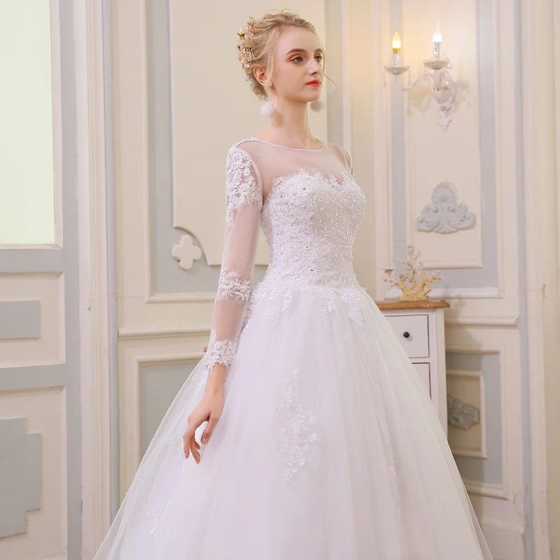 Новинка года принцесса Vestido De Novia Элегантные линии с длинным рукавом свадебное платье Sheer поезд кружево с аппликацией и бисером свадебные платья