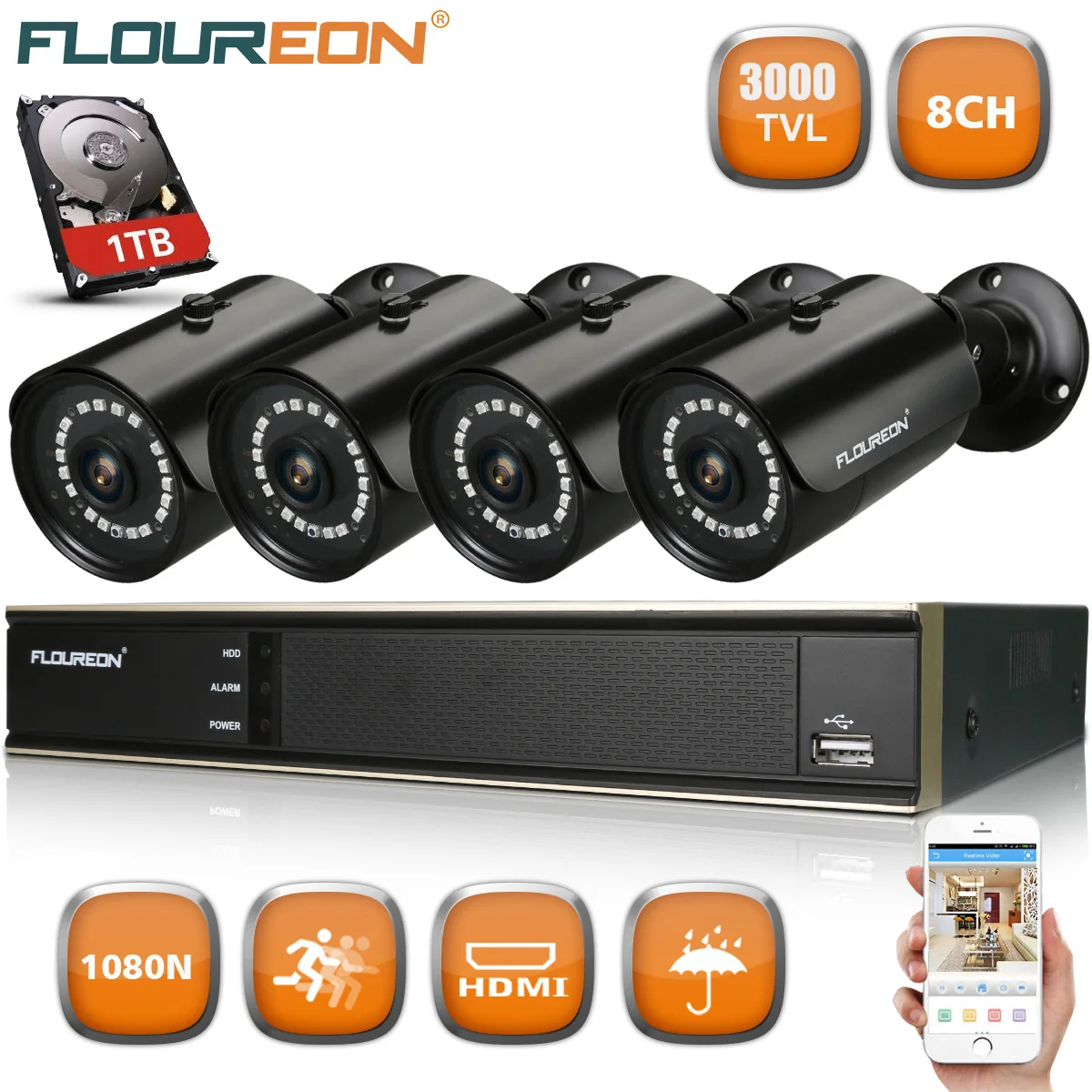 FLOUREON 1 X 8CH 1080P 5-в-1 DVR+ 4 X Открытый 2000TVL пуля Камера видеонаблюдения Системы 1.3MP Камера домашний комплект безопасности ЕС