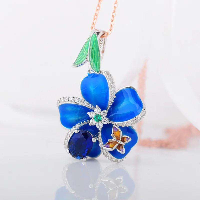Pendant Necklace Стерлингового серебра 925 эмалированные Ювелирные наборы для женщин синий камень и индивидуальные Эмалированные кольца серьги для женщин вечерние ювелирные изделия - Окраска металла: Pendant Necklace