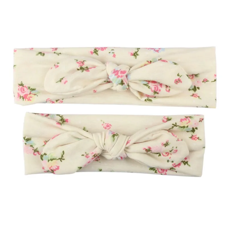 

2Pcs Mama and Baby Girl Elastic Bow Knotted Turban Floral Print Hair Band Headband Headwear Solid Bowknot Headband 2019 New