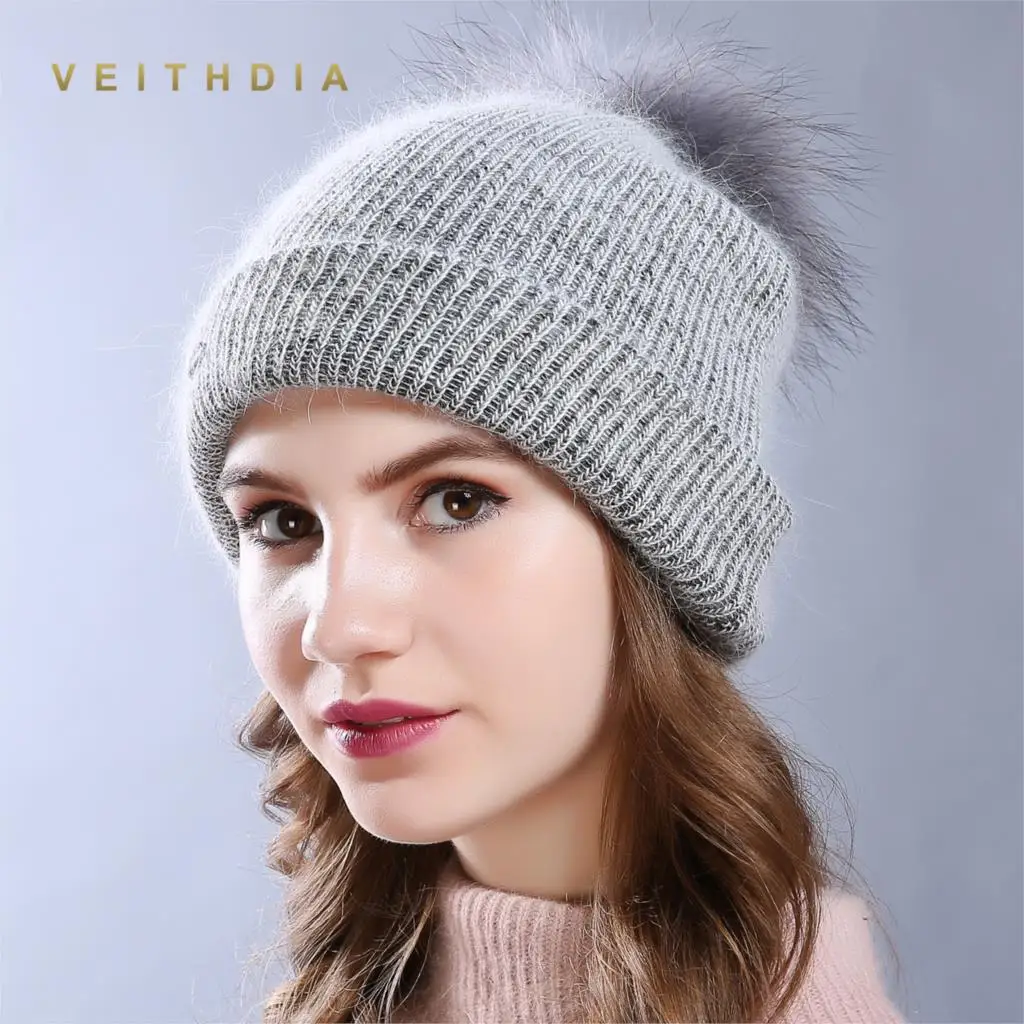 Женская вязаная шапка VEITHDIA двухслойная с кроличьим мехом Мягкая шерстяная