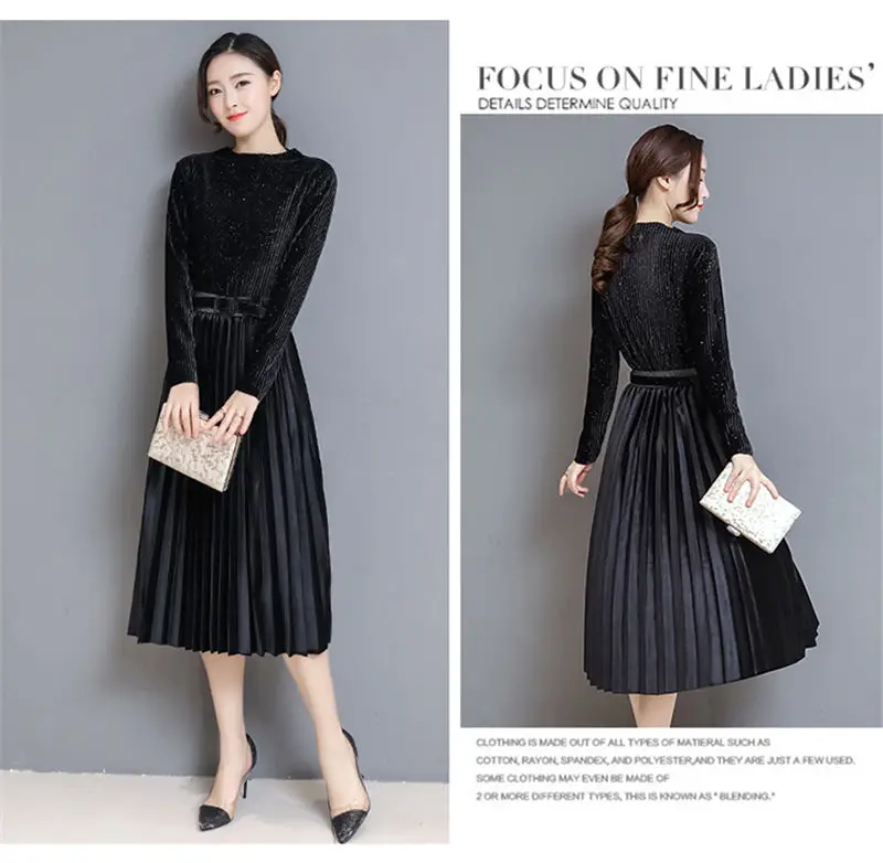 Fashion Autumn Winter Women Dress Elegant Sexy Pleate Female Dress Vintage Long Sleeve Velvet Two-piece suit Dresses vestidos