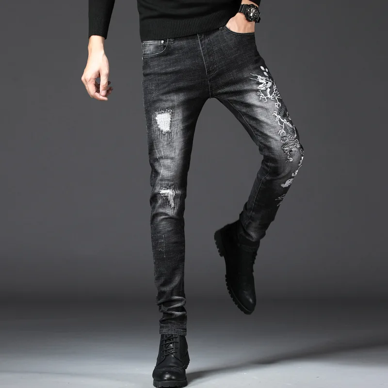 Дракон вышивка джинсы Для мужчин байкерские Slim Fit молнии Узкие потертые мужской