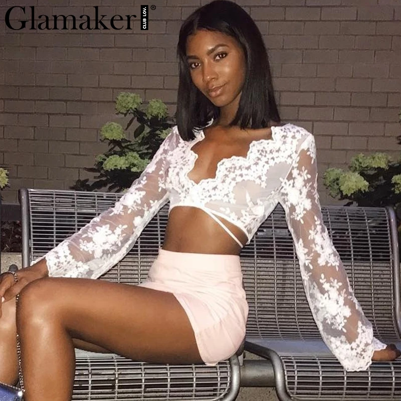 Женская блузка с цветочной вышивкой Glamaker элегантная Прозрачная кружевная v