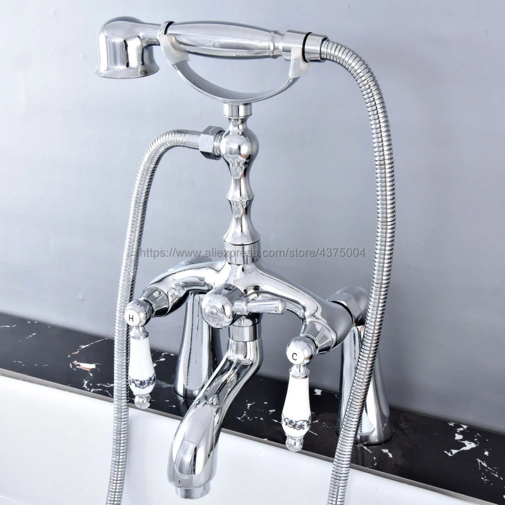 Polished Chrome Deck Mounted Tub Mixer Faucet Dual Handle Hot and Cold Water Tap Telephone Style + hand shower Ntf761 | Строительство и