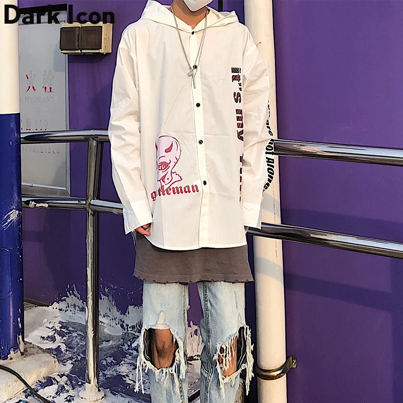 Мужская рубашка в стиле хип хоп с принтом темных икон капюшоном и отложным