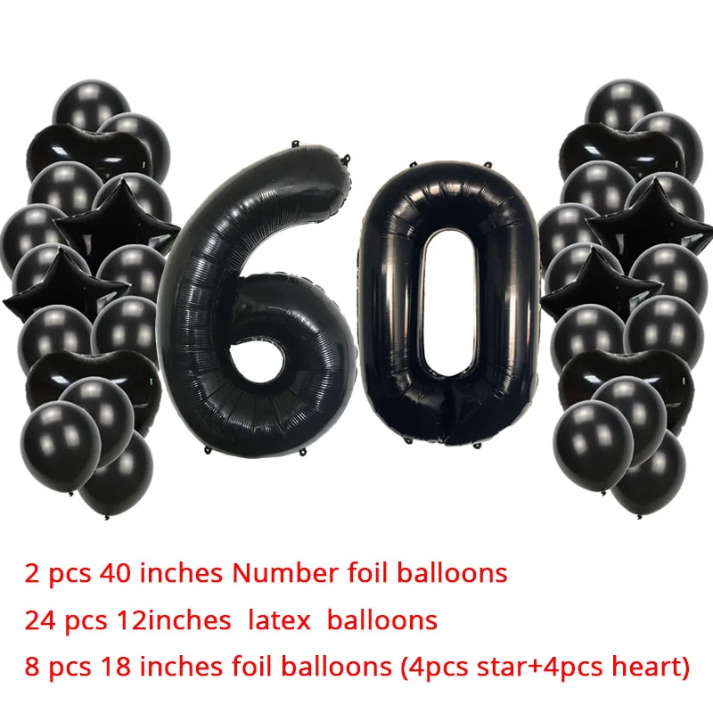 black 60 40-дюймовый светодиод номер Фольга воздушные шары, украшенное мозаикой из драгоценных камней, 12 дюймов латексные шары и 18 дюймов вышивка «звёздочки» или «бриллианты» шарами 21 30 40 50 60 день рождения вечерние украшения - Цвет: black 60