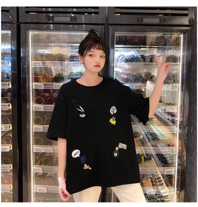 summer Women embroidery Loose t-shirt Casual Oversize T-shirt Femme Short Sleeve O-neck Tops Streetwear Harajuku Tshirts