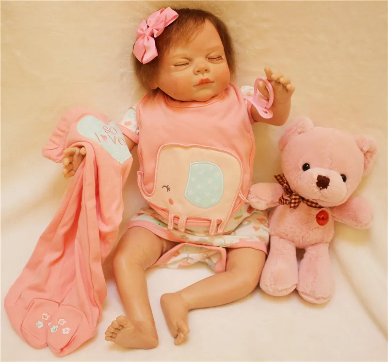

Real sleeping baby Doll reborn 22 inch 55cm fake baby girl silicone dolls with bear plush doll children gift bonecas reborn