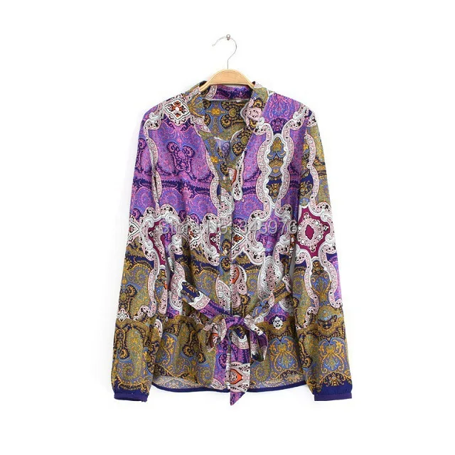 New 2018 Women Vintage Ethnic Totem Floral Print Orange Sashes Blousa Blouse Woman V Neck Casual Slim Shirt Tops |