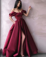 special unique burgundy evening dress 2020 puffy sleeves formal dress empire sexy slit long evening gown burgundy