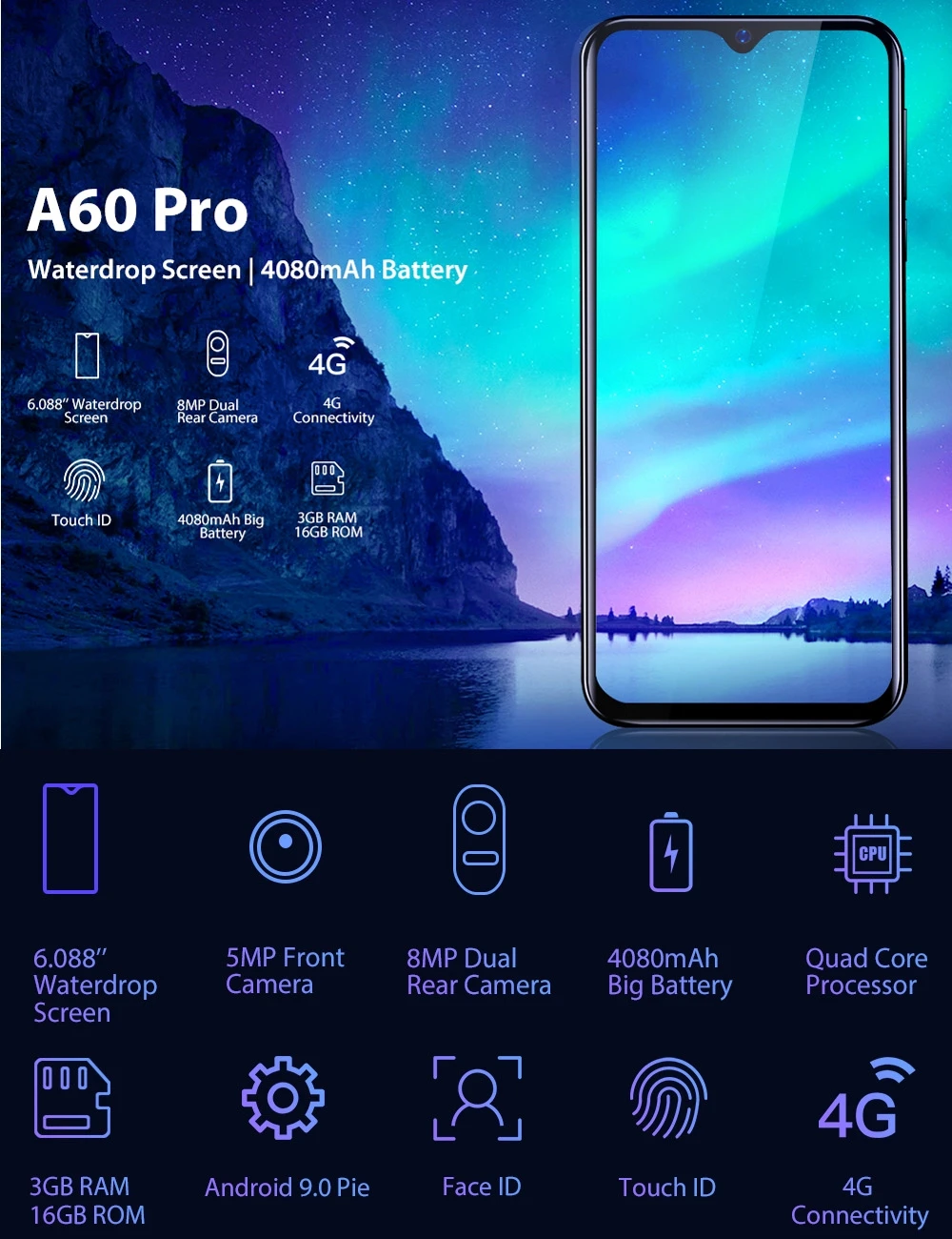 Blackview A60 Pro 4G LTE 4080 мАч смартфон 6," экран капли воды мобильный телефон Android 9,0 3 Гб ram двойная задняя камера Сотовый телефон