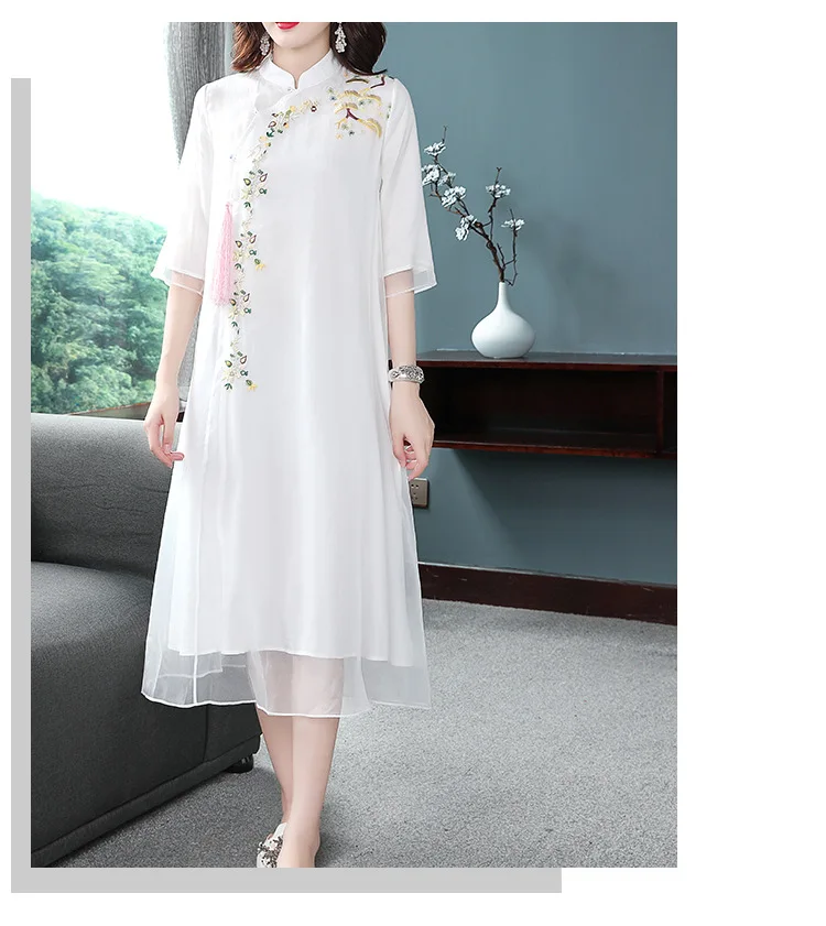 

Free shipping new summer tea style Literary Chinese national retro loosen embroidered cheongsam dress for women