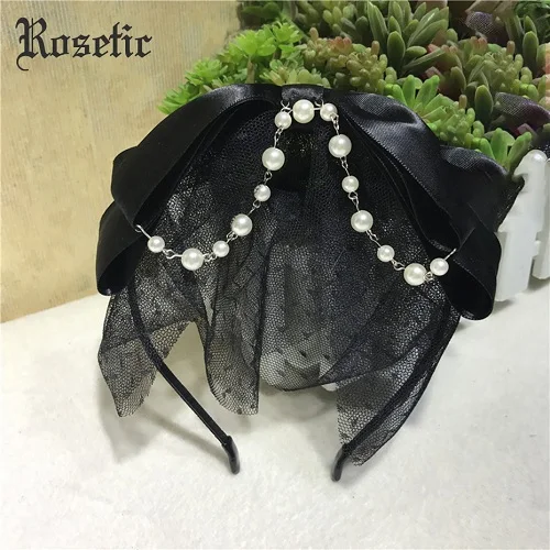 Black Rosetic, принцесса, Ретро стиль, готика, Сладкая Лолита, для женщин, лента, бант, сетка, жемчуг, повязка на голову, для вечеринки, выпускного, модные аксессуары для волос - Цвет: Black