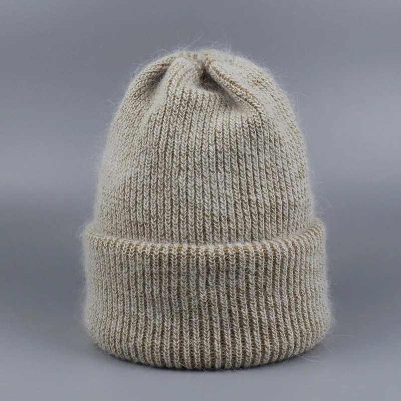 Beige Брендовые женские осенне-зимние шапки, эластичные вязаные шапки из кроличьей шерсти Gorro, одноцветные шапки-бини, высококачественные милые Повседневные шапки для девочек - Цвет: Beige
