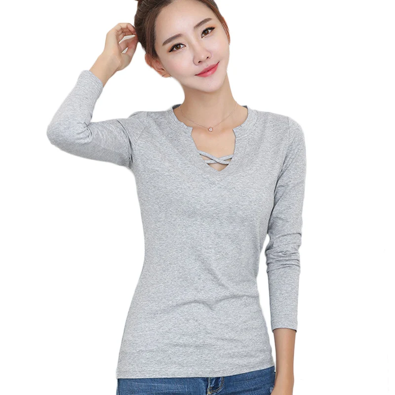 2017 Тонкая Повседневная стильная футболка с v-образным вырезом женские топы