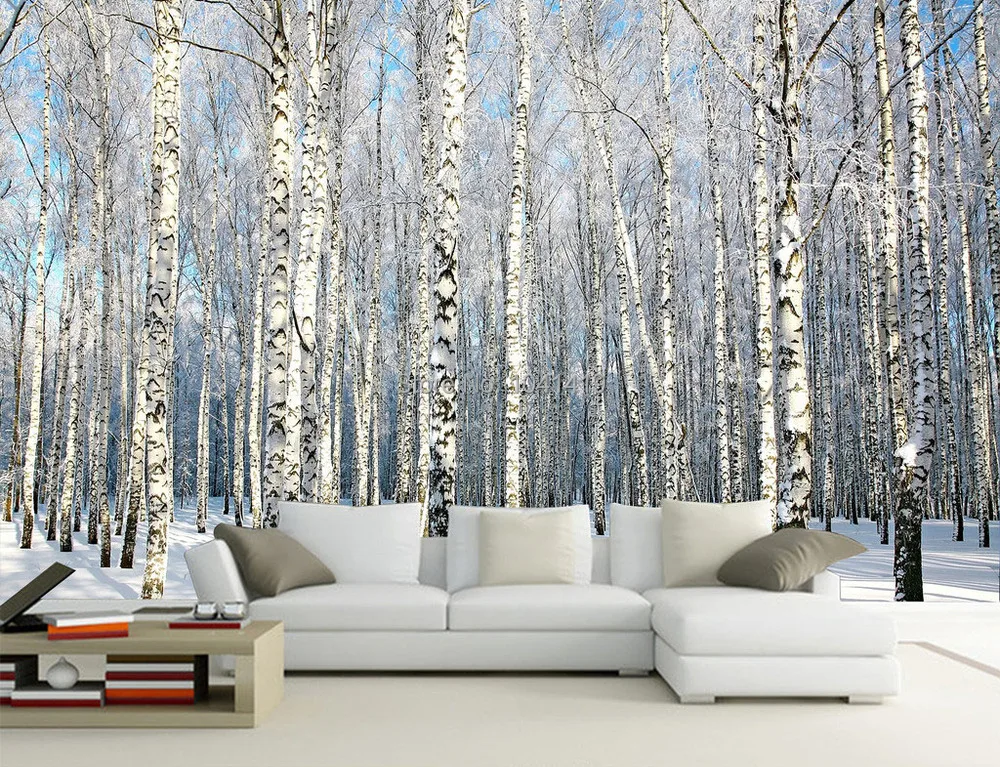 Пользовательские 3D обои природные пейзажи фрески зимний березовый лес пейзаж обои Большая фреска для гостиной диван ТВ фон
