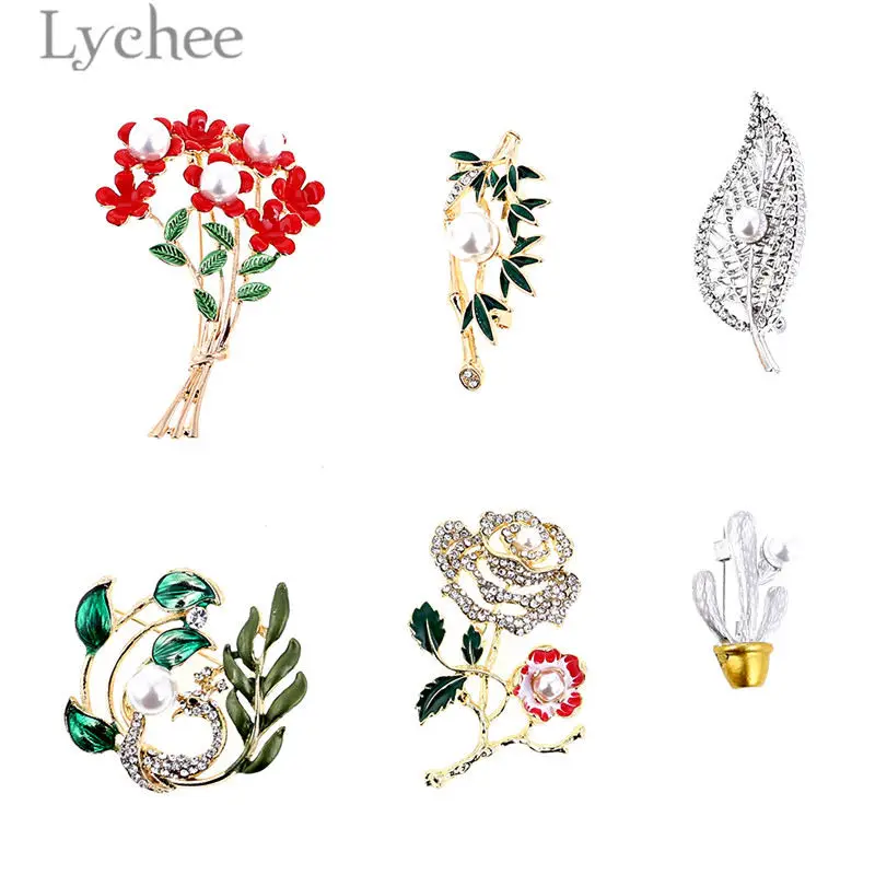 Lychee Модные Сплав Кристалл растение эмаль женские Броши Булавки имитация жемчуга