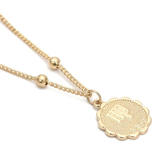 Virgo Golden Ingemark 12 Zodiac Constellation Carve Coin Pendant Necklace Simple Copper Leo Beads Clavicle Chain Necklace Sexy Couple Jewelry - Окраска металла: Virgo Golden