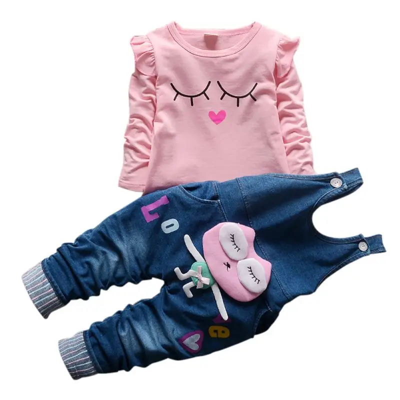 Fashion Autumn Infant Kids Clothes Girls Denim Bib Sets Long Sleeve Overalls Suits Outfits Tops+Bib Pants | Детская одежда и обувь