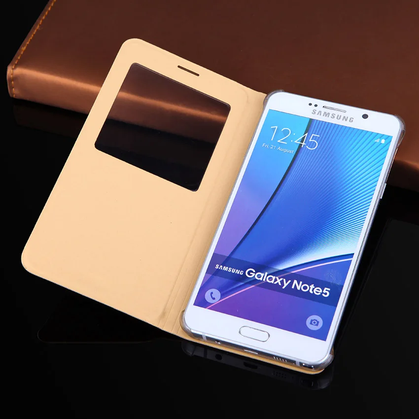 Кожаный чехол с откидной крышкой тонкий противоударный окошком для Samsung Note 5 N920