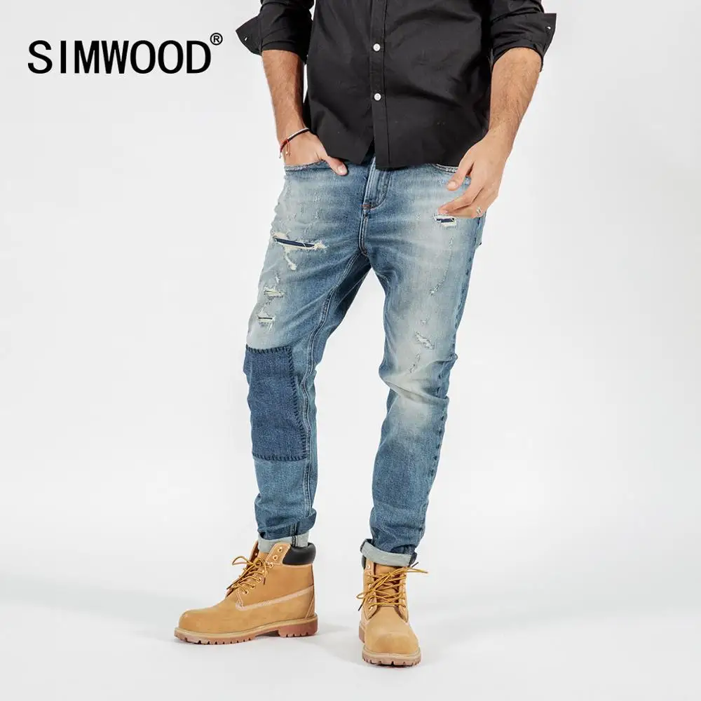 Мужские штаны из денима с заплатками SIMWOOD демисезонные рваные джинсы облегающие джинсовые брюки уличная