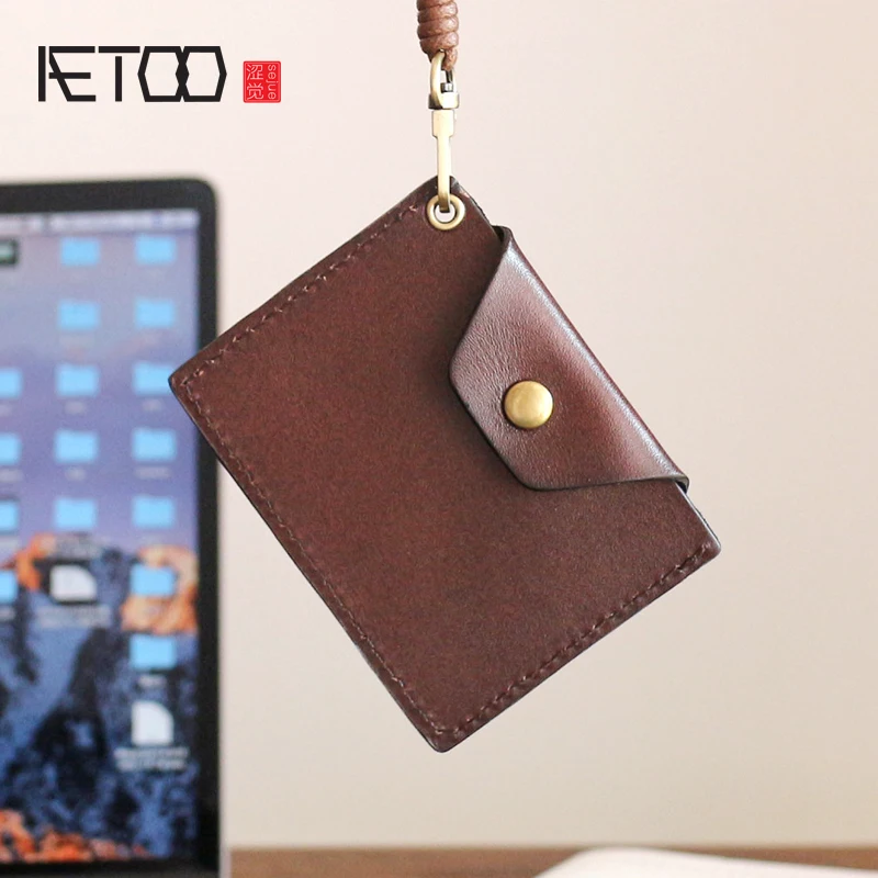

AETOO Tanning cowhide Card set retro hand-hung neck rope employee Card bus Access Card small card bag