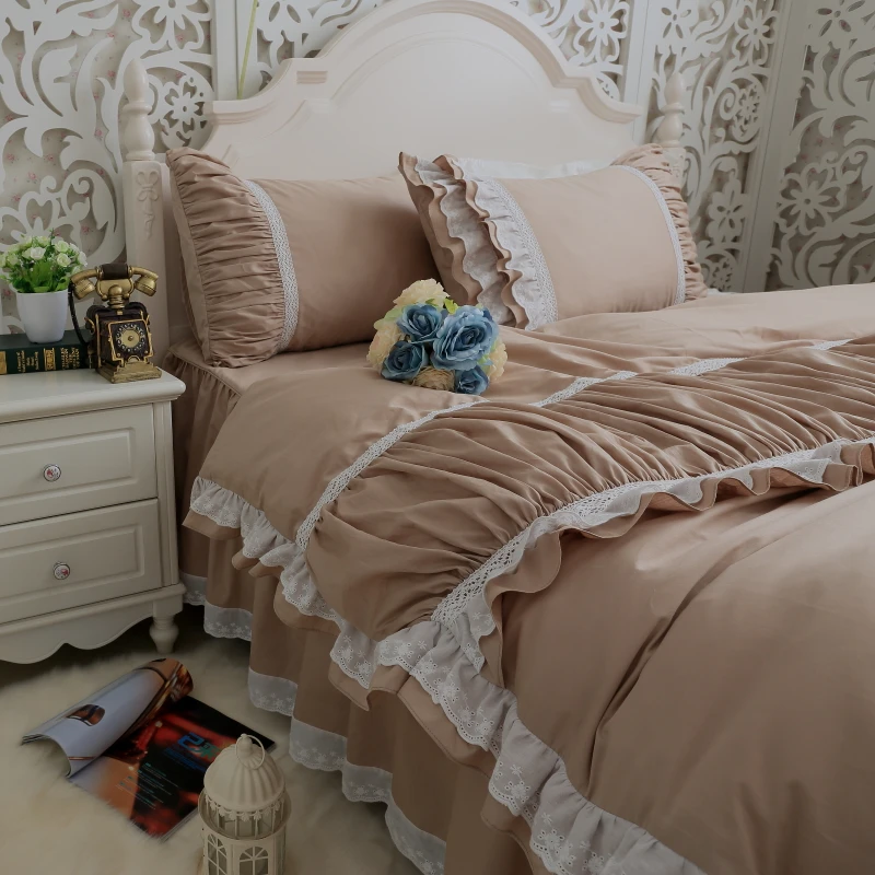 

Cotton bedding set twill Princess set Korean version Luxury bed khaki white lace embroidered lace