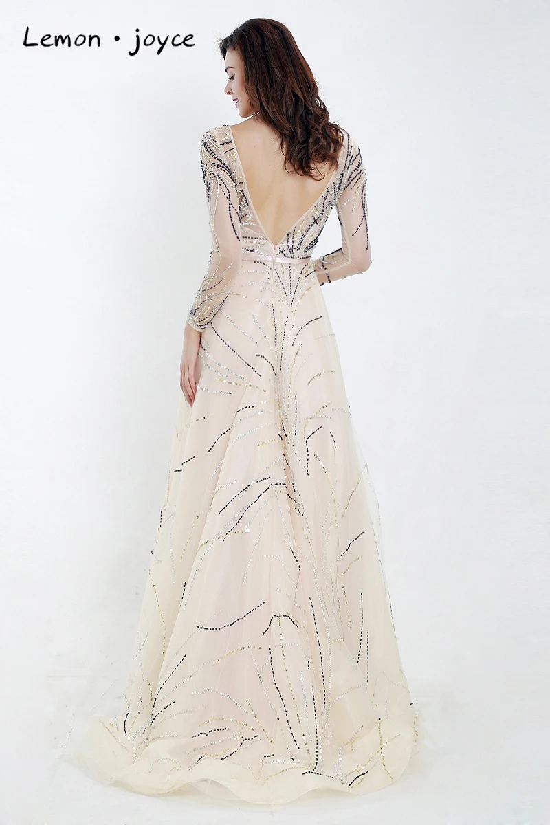 Lemon joyce Formal Evening Dresses with Long Sleeves O-neck Illusion A-Line Prom Dress Party Gowns Plus Size