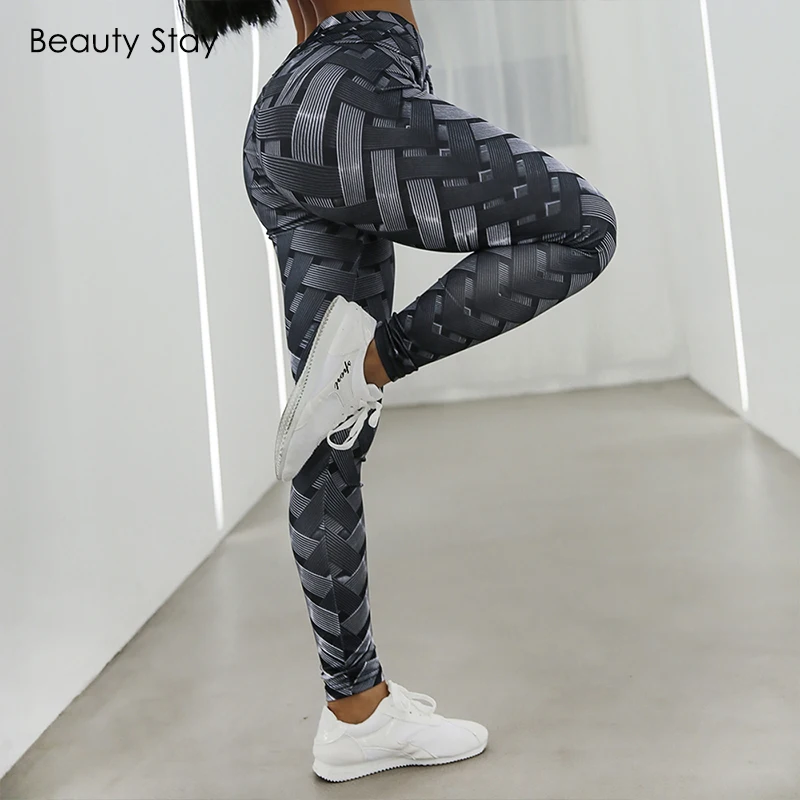 Женские леггинсы Beauty Stay черные спортивные штаны с высокой талией и принтом в виде