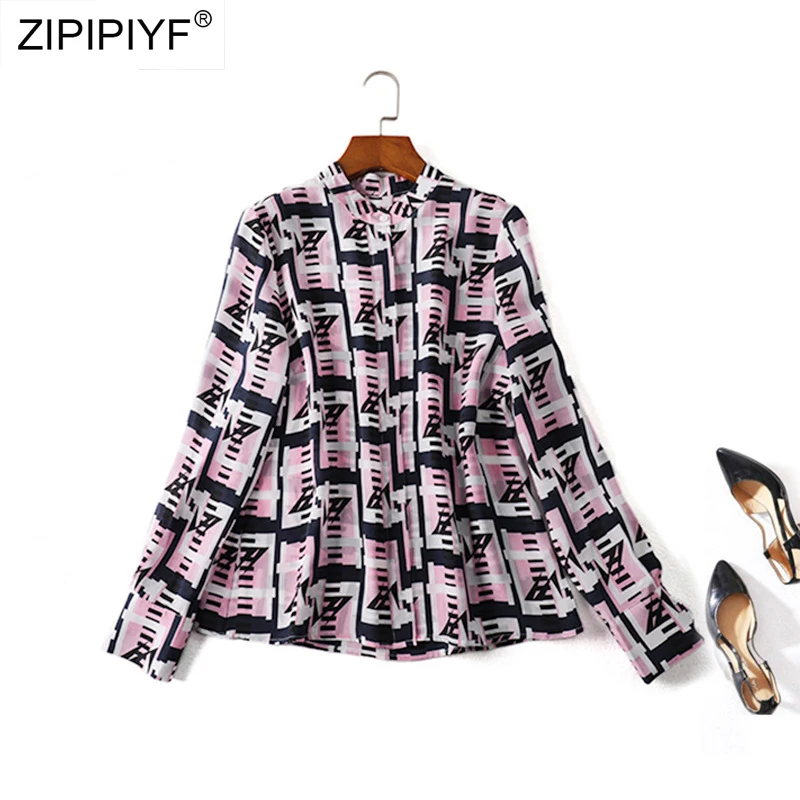2019 Fashion Autumn Spring Womens Tops pink Printing Blouses Stand Collar Elegant Office Lady Work Shirt Female H6119