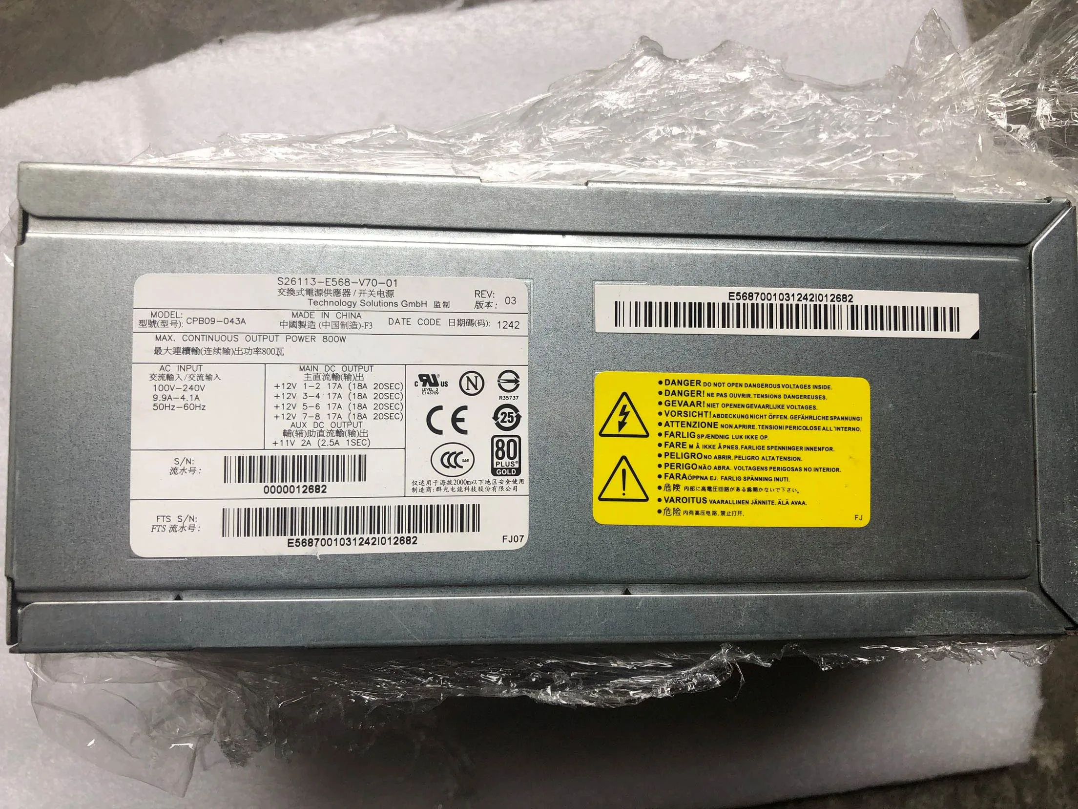 

Used S26113-E568-V70-01 CPB09-043A R920 M720 800W Workstation Power Supply for M720 M730 PSU tested working