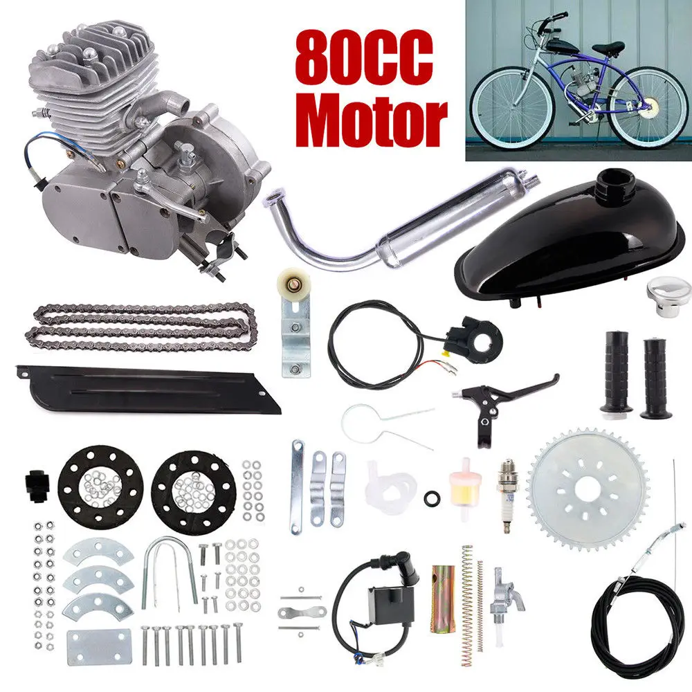 80cc 2 тактный двигатель комплект моторизованный велосипед с карбюратором катушка CDI кабельный бак - Цвет: Серебристый