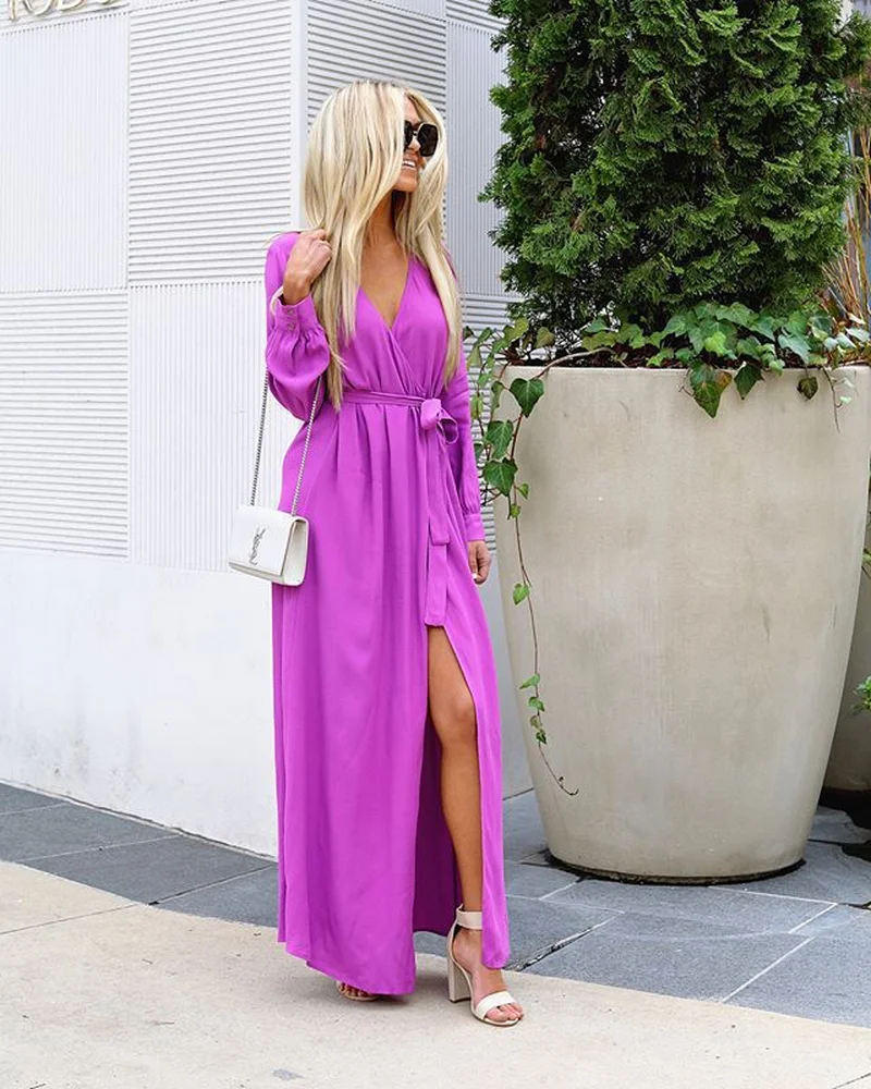 U-SWEAR Women Sexy V Neck Dress Long 2020 Elegant Slash Split Sleeve Maxi Autumn Beach Casual Clothes Vestido | Женская одежда
